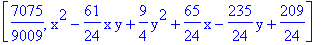 [7075/9009, x^2-61/24*x*y+9/4*y^2+65/24*x-235/24*y+209/24]